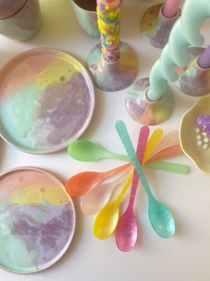 regnbåge splash skål, keramisk skål, keramisk skål, lera av tina marie, remix av sofie, frukost skål, pastell skål