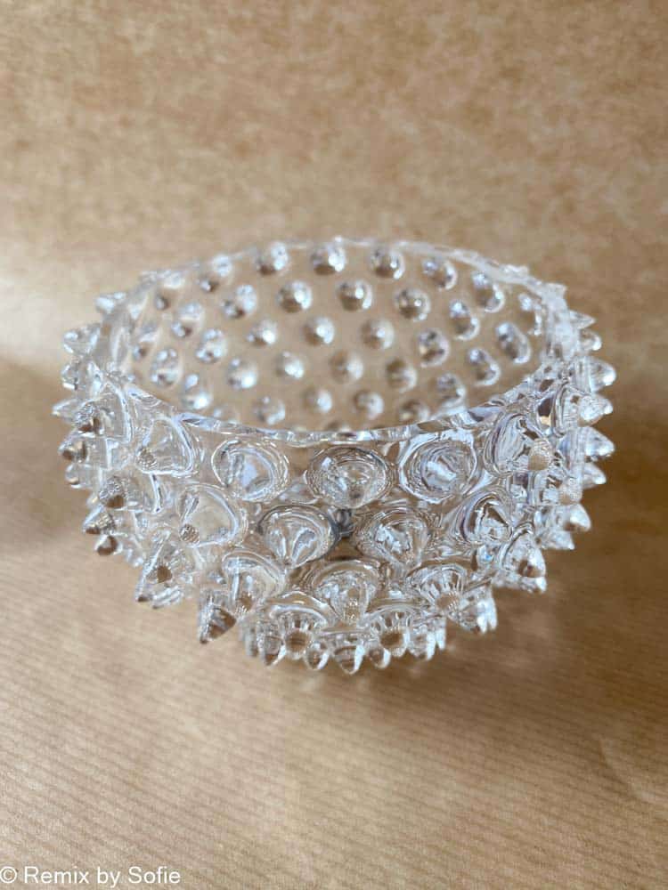 remix av sofie, tapas skål, glas skål, litet glas skål, igelkott bild, hobnail glas, handblåst glas