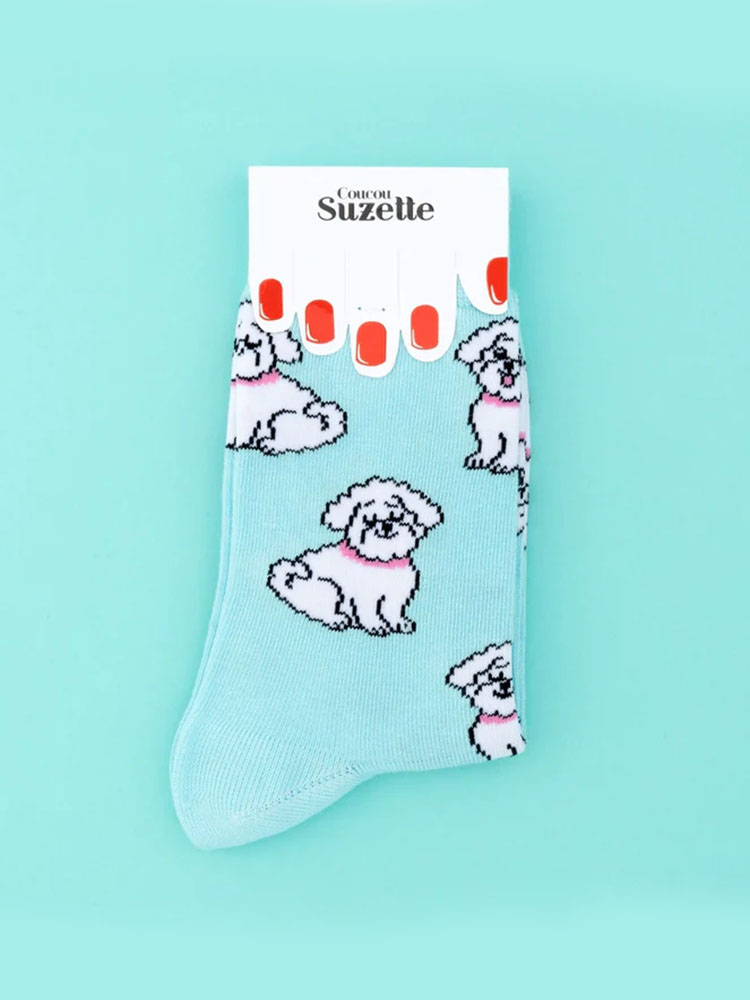 mintgrön med bichon-strumpa, strumpor med hundar, remix av sofie, cou cou suzette, strumpor, strumpor i bomull, italiensk bomull, strumpor tillverkade i bomull,