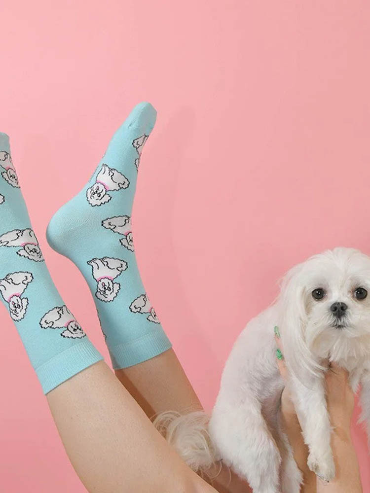 mintgrön med bichon-strumpa, strumpor med hundar, remix av sofie, cou cou suzette, strumpor, strumpor i bomull, italiensk bomull, strumpor tillverkade i bomull,