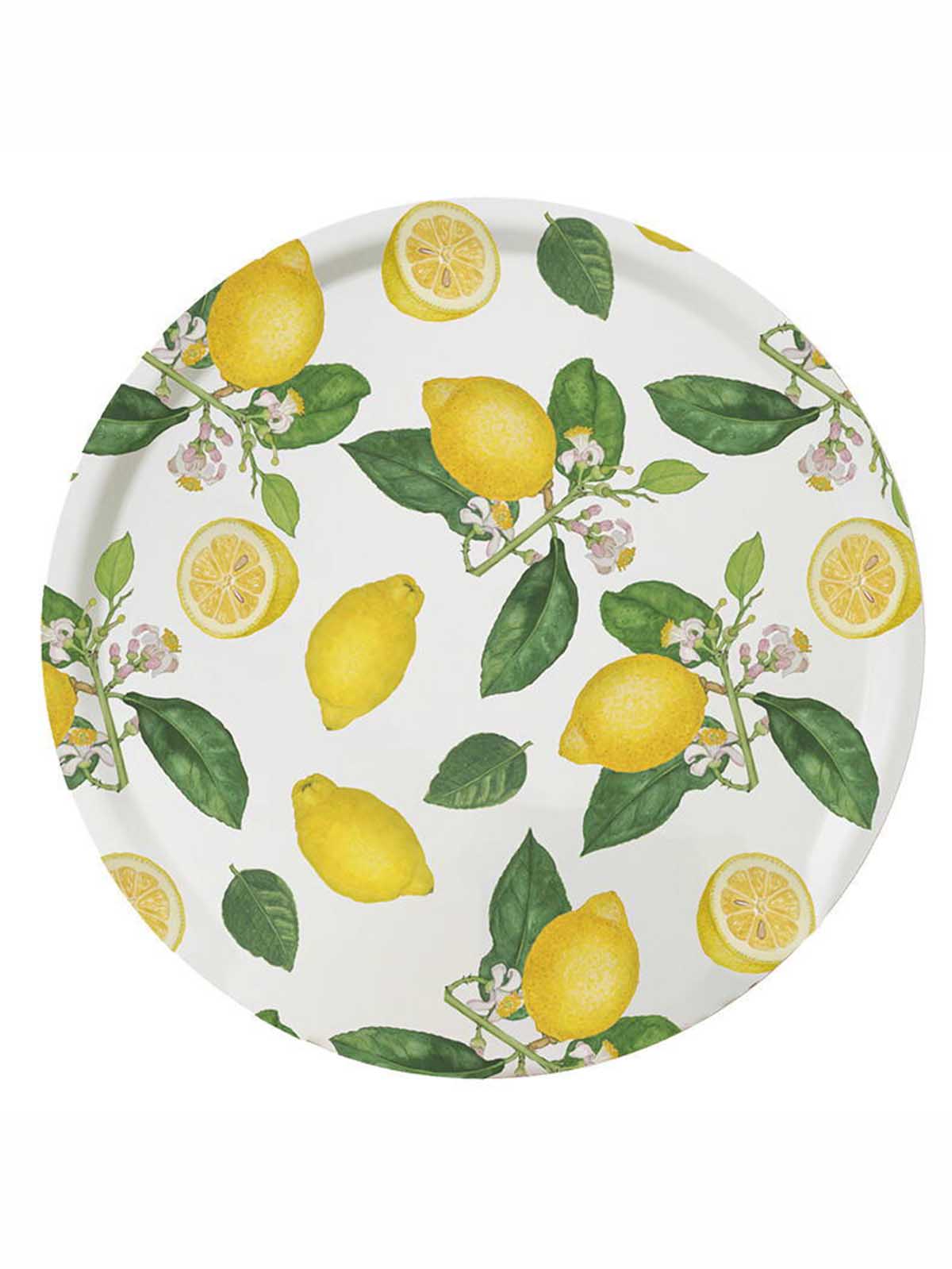 koustrup & co rund bricka i björkträ med citroner och citronblommor