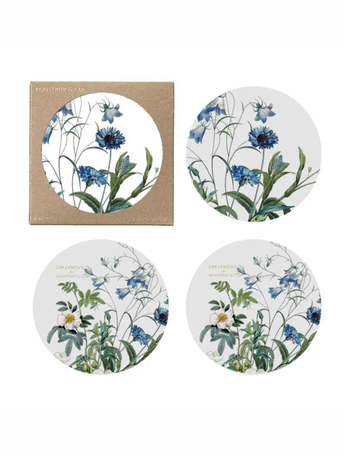 borskåner eller glasunderlägg för glas och varma föremål från koustrup & co. i björkträ med blå blommor.