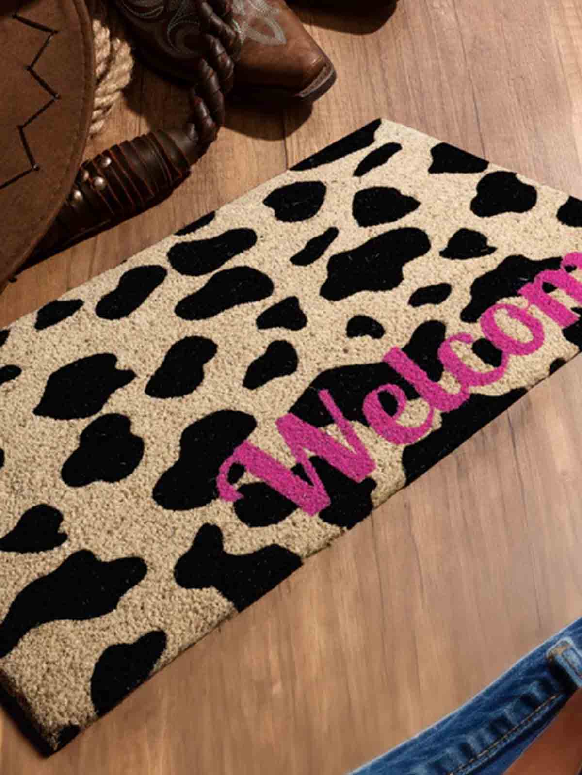 dörrmatta kokosnöt med leopardfläckar och rosa välkommen
