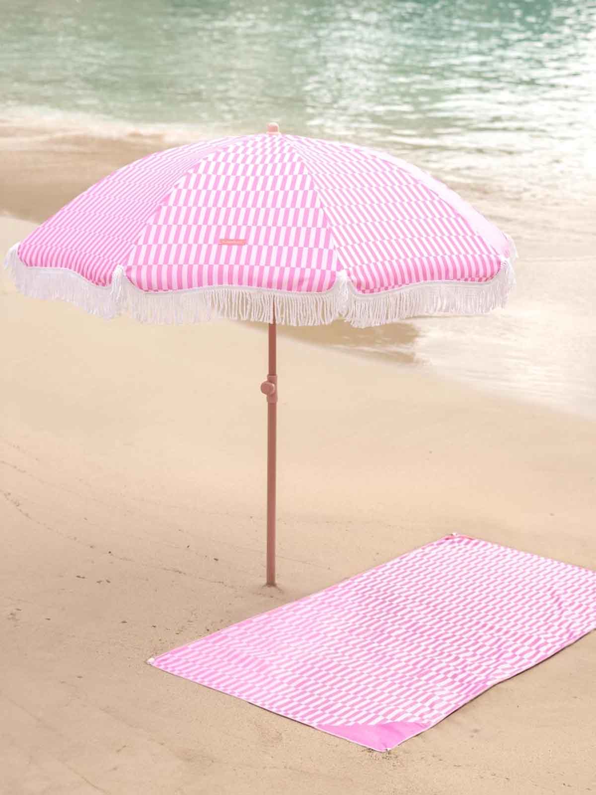 Alternativ syn på strandparaply med UV-skydd - Randig rosa