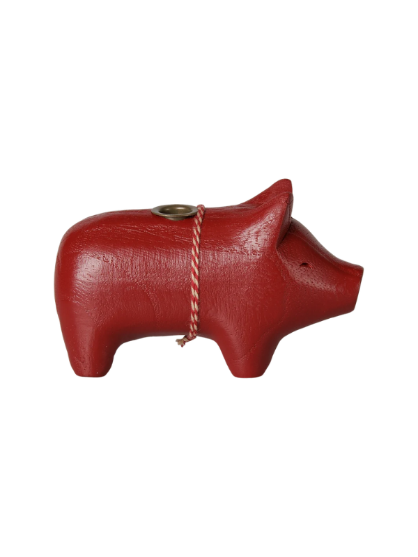 Ljusstake av trä - Liten gris i rött (kertelys) - Bild 3