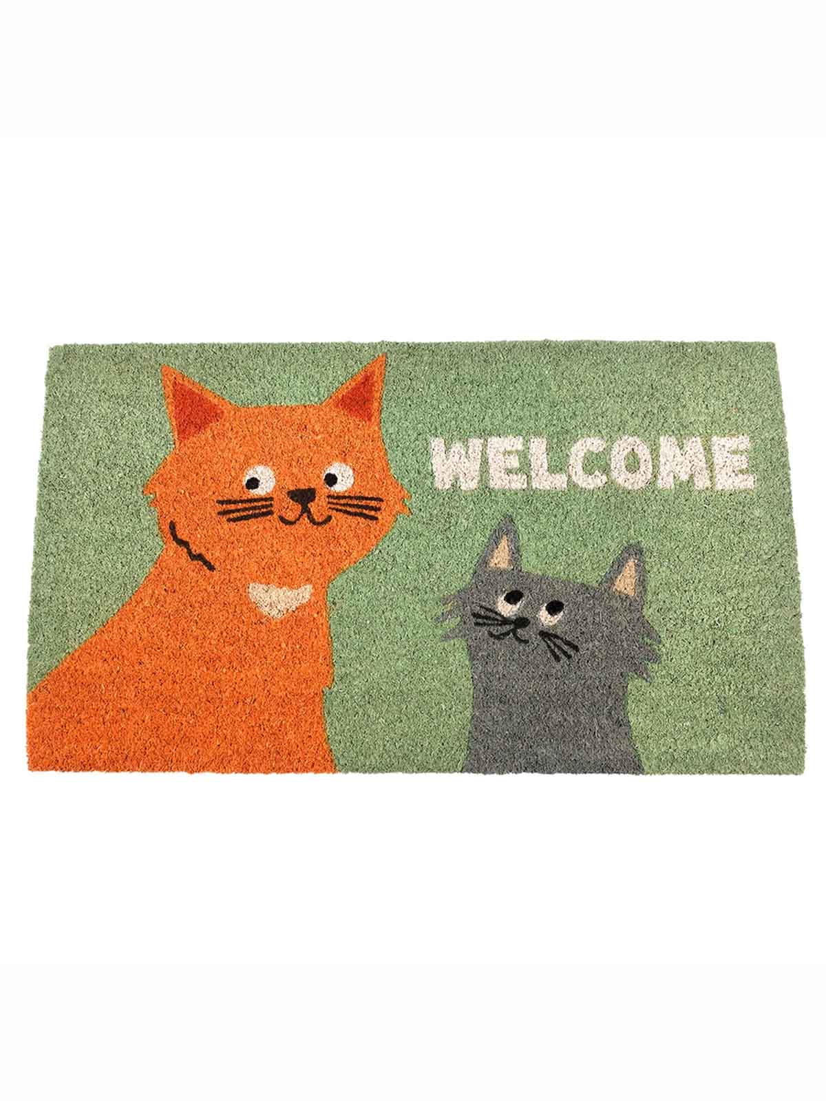 Dörrmatta 43 x 73 cm - Grön med röd och grå katt
