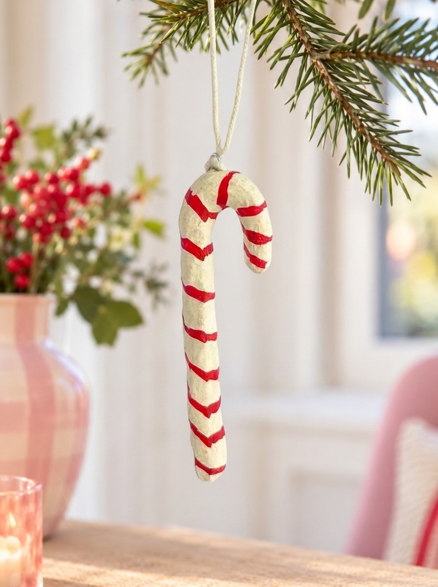 Candy cane i bomullsmaché – röda ränder