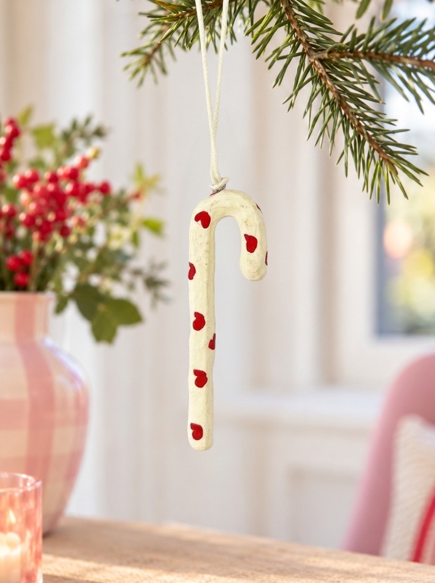 Candy cane i bomullsmaché – röda hjärtan