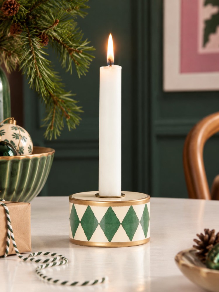 Ljusstake trumma - Offwhite med grön harlekin